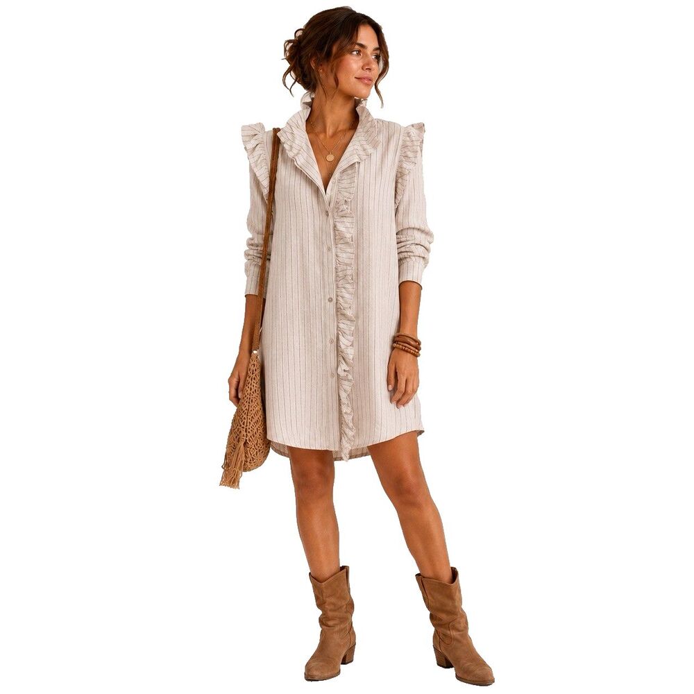 Mazik Pinstripe Ruffle Button Front Shirt Mini Dress Long Sleeve Sz M Linen Blnd
